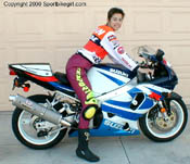 October 2000- Me on my borrowed Gixxer 750-- take note of Doohan replica shirt and new hair do!